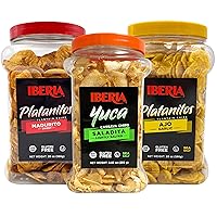 Iberia Yuca/Cassava Chips, 8.8 oz + Saladito Plantain Chips, 20 oz + Garlic Plantain Chips, 20 Oz.