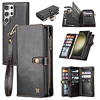 for Samsung Galaxy S22 Ultra Wallet Case:Card Holder & Detachable Magnetic,Faux Leather Case for Women/Men,Wrist Strap & Money Pocket(Black)