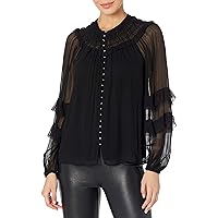 The Kooples Women's Flowy Button-Down Blouse with Long, Puff Sleeves and Frills