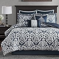 Madison Park Odette Cozy Comforter Set Jacquard Damask Medallion Design - Modern All Season, Down Alternative Bedding, Shams, Decorative Pillows, King(104 in x 92 in), Navy 8 Piece