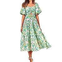 BTFBM Women Summer Dresses 2024 Casual Flowy Beach Square Neck Puff Short Sleeve Smocked Back Boho Floral Long Maxi Dress