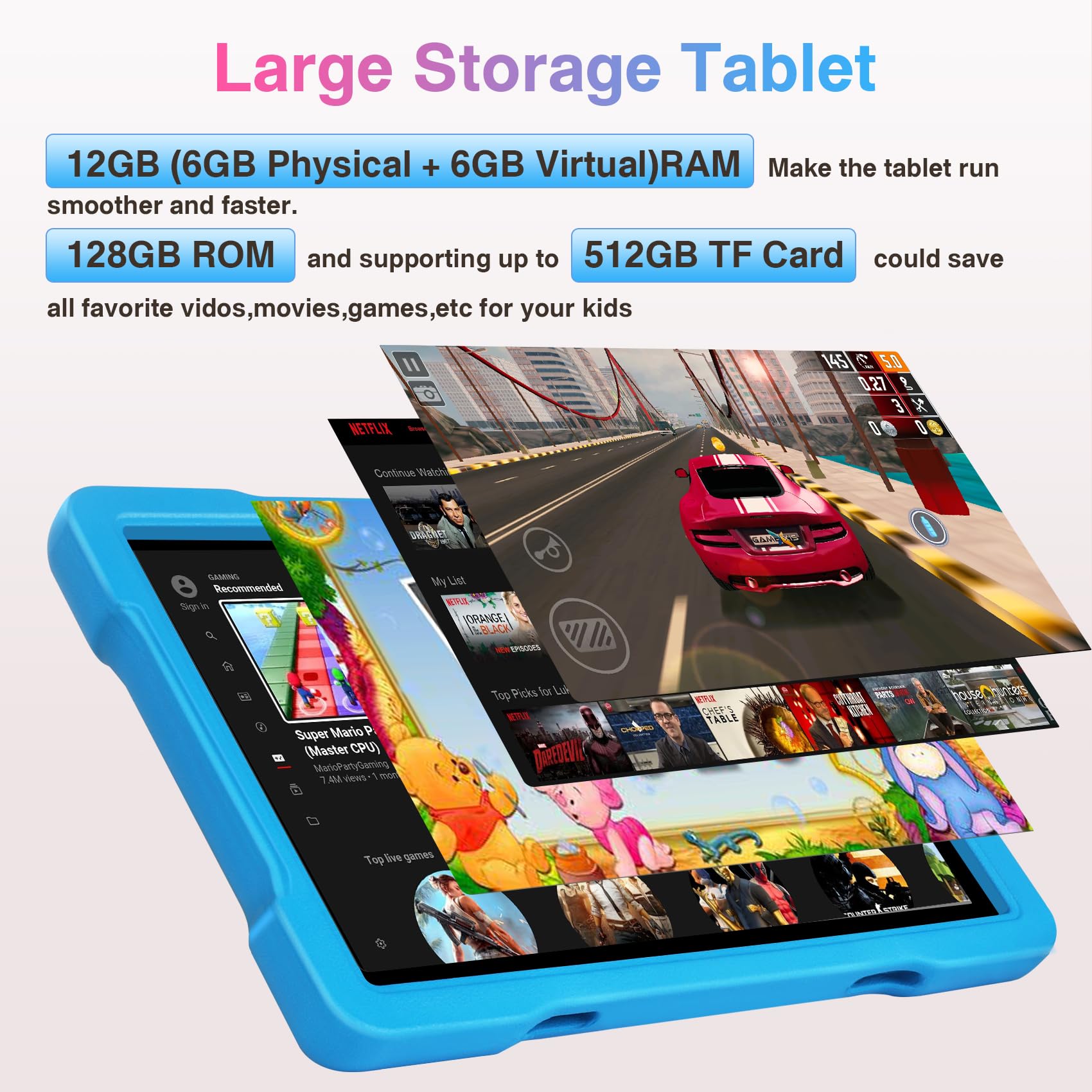 2023 Kids Tablet, 10 inch Android 13 Tablets for Kid Toddler 12GB+128GB 6000mAh Tablet with Shockproof Case, 5G WiFi, Google Kids Space Parental Control, 1280 * 800 HD Touchscreen Dual Camera -Blue
