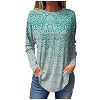 2024 Gradient Pattern Printed Long Sleeve Shirts for Woman Crew Neck Casual Loose Spring Fall T-Shirt Tops