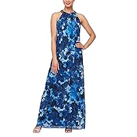 S.L. Fashions Women's Long Maxi Chiffon Gown with Jewel Halter Neck Dress