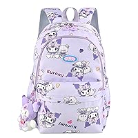 Cartoon Kuromi All Over Print Casual Backpack Laptop Backpack Bike Travel Hiking Rucksack Daypack Purple (With Cute Pendants)