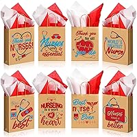 48pcs Nurses Week Gift Bulk Bags, Thank You Nurse Craft Paper Gift Bags, Best Nurse Ever Brown Goodies Bags With 8 Patterns for Nurses Week Nursing Day Medical RN Graduation Party Supplies 9 x 7 x 3