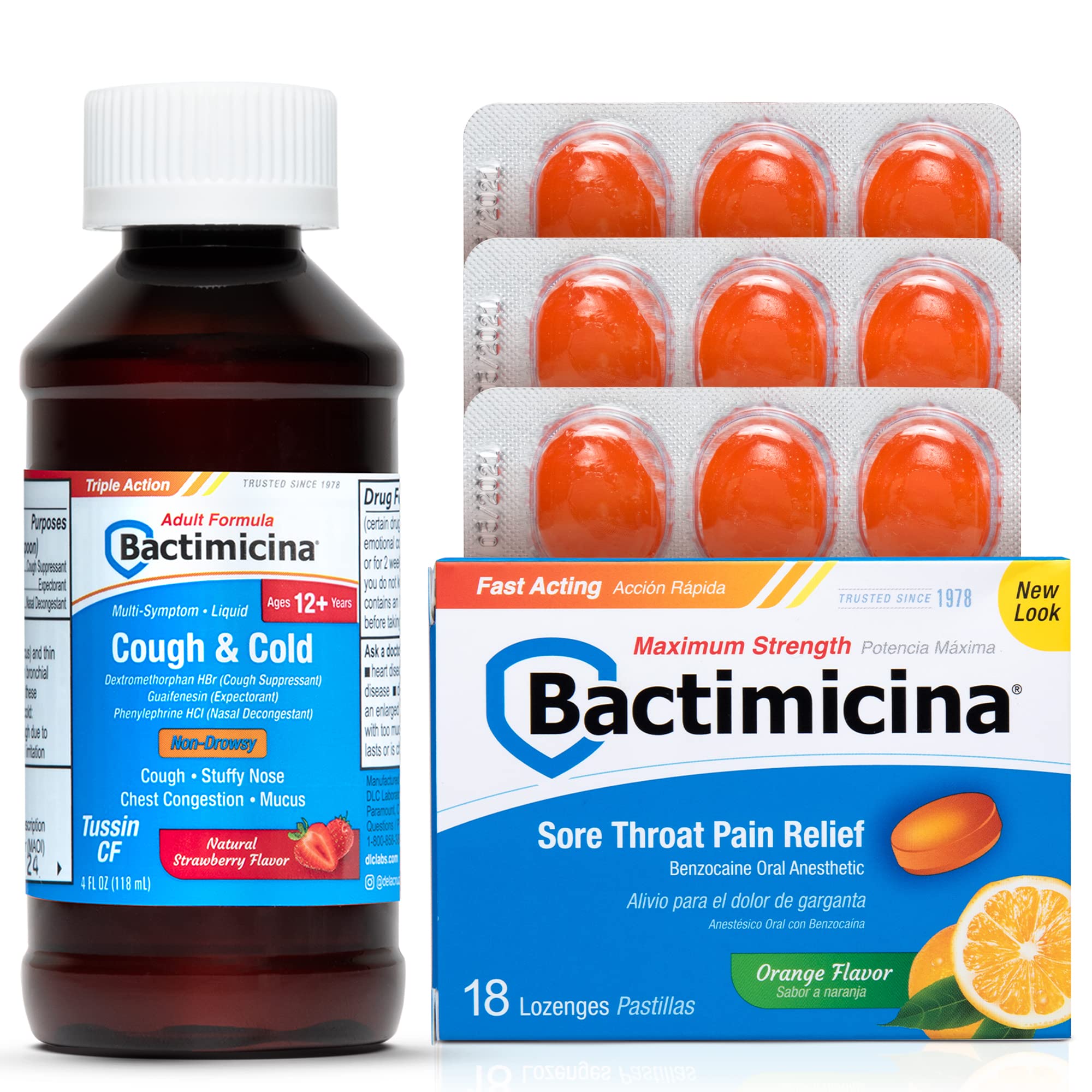 Bactimicina Maximum Strength Sore Throat Lozenges 18 Count and Adult Cough & Cold Liquid 4 Fl Oz Bundle