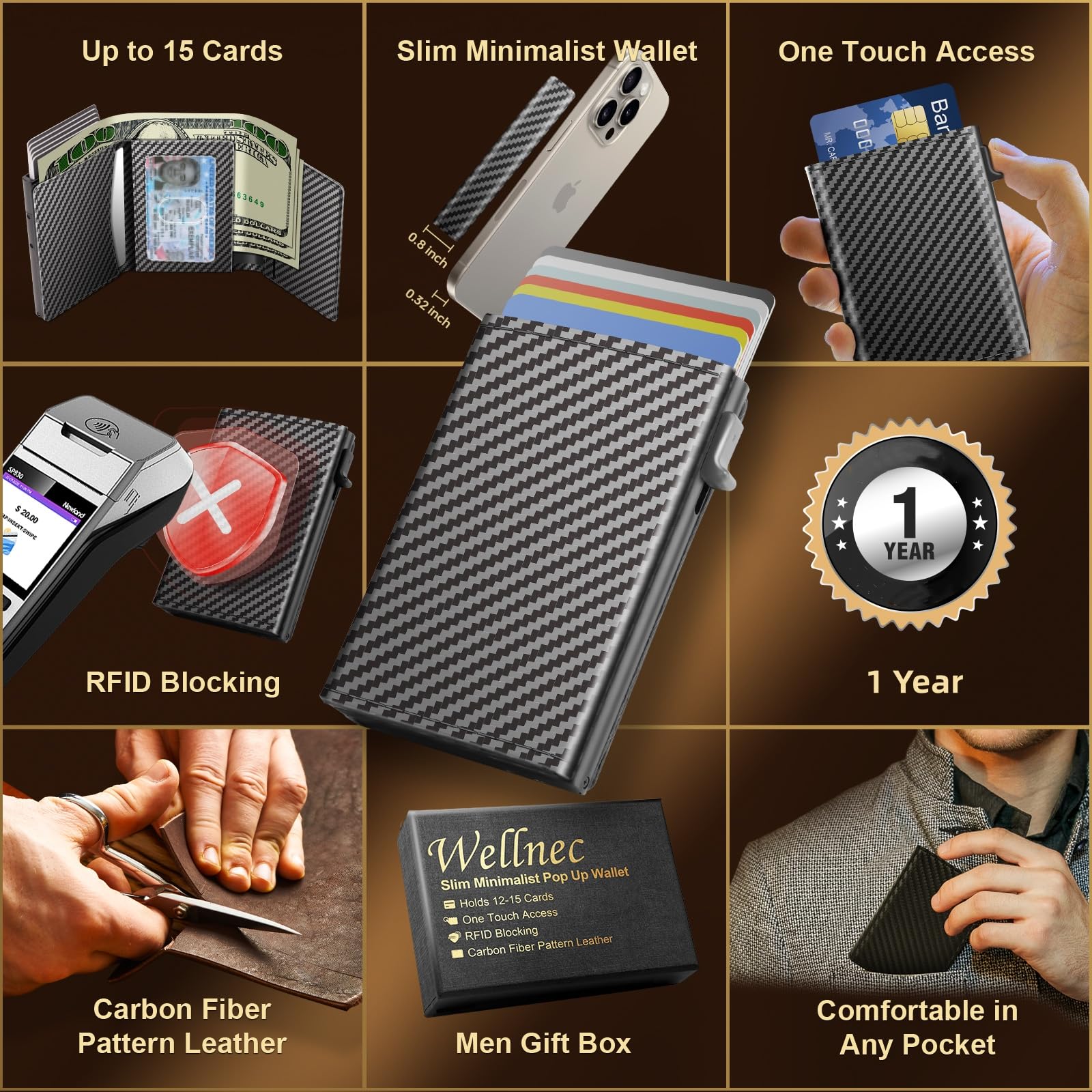 WELLNEC Mens Pop Up Wallet for Credit Card Holder - Wallet for Men with ID Window and 12-15 Cards Capacity, Smart Wallet RFID Blocking, Front Pocket, Cash Slot,Carbon Fiber Leather