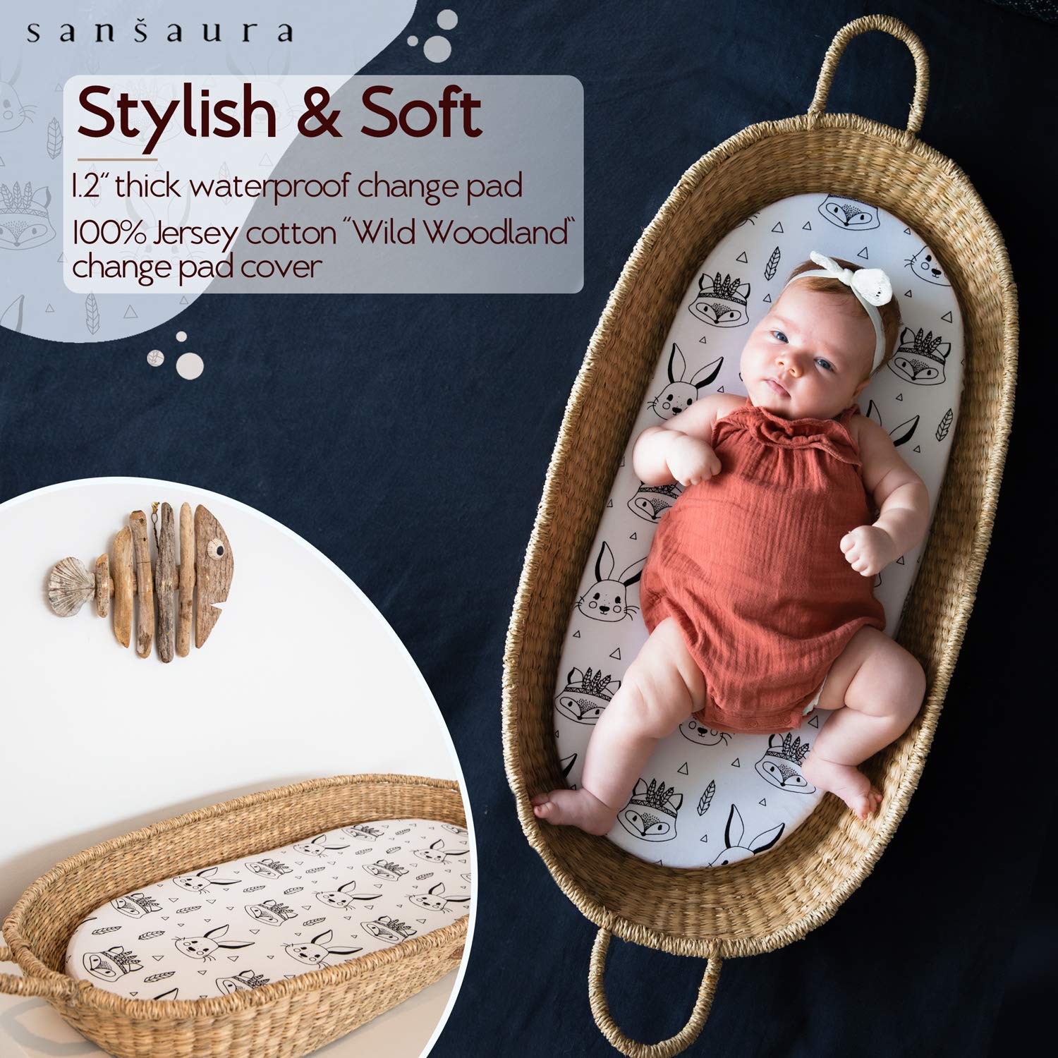 Sansaura Nursery Set - Seagrass Baby Changing Basket, Diaper Basket, with Thick Waterproof Pad & 100% Cotton Fitted Sheet, Toy Storage Bag, Woodland Designs, Shower Gift for Newborns, Boho Nursery