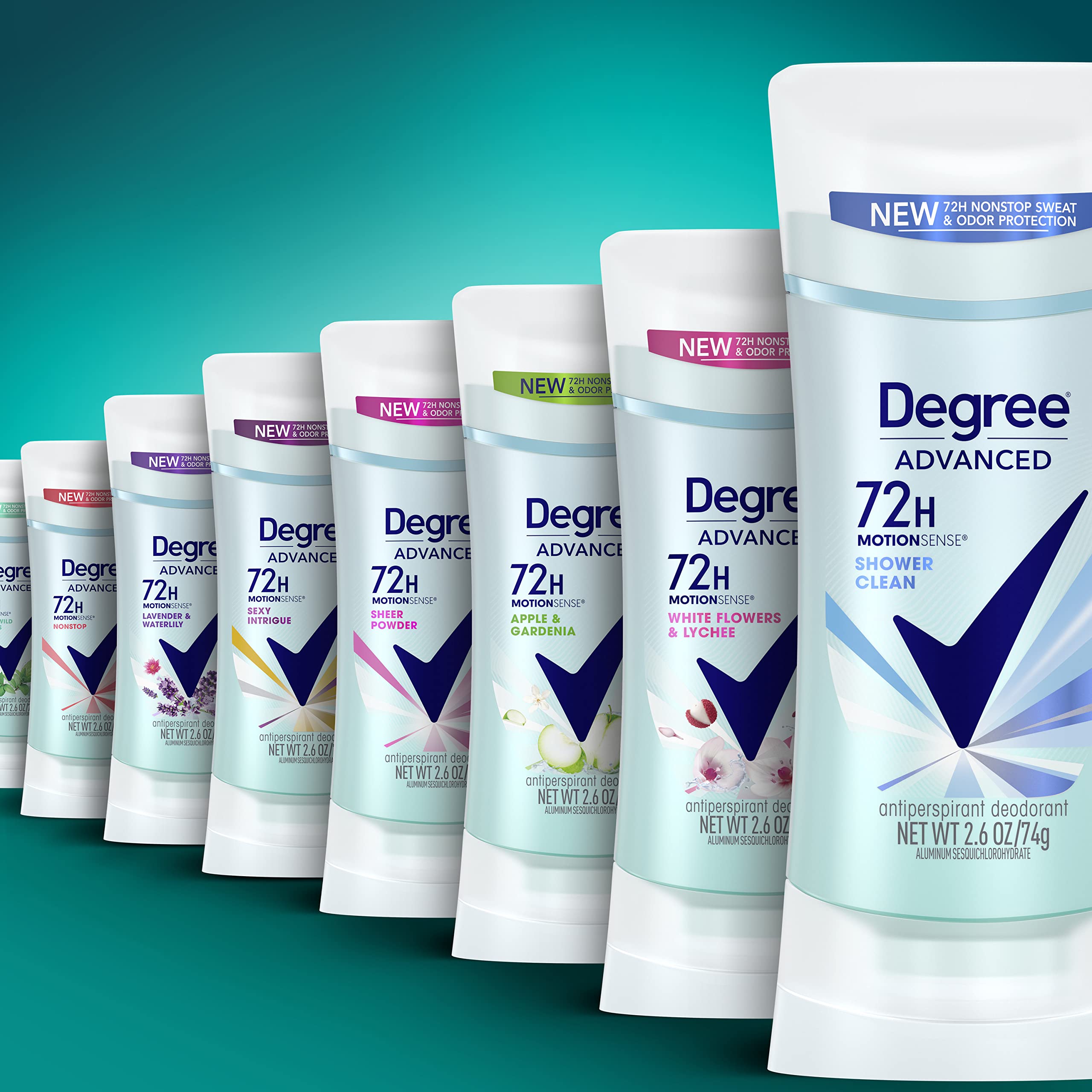 Degree Advanced Antiperspirant Deodorant 72-Hour Sweat & Odor Protection Shower Clean Antiperspirant for Women with MotionSense Technology 2.6 oz, Pack of 4