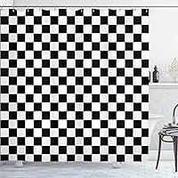 Ambesonne Checkers Game Shower Curtain, Geometric Grid Style Monochrome Squares in Traditional Game Board Design, Cloth Fabric Bathroom Decor Set with Hooks, 69