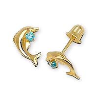 14k Yellow Gold Blue CZ Cubic Zirconia Simulated Diamond Dolphin Shaped Screw Back Earrings Measures 9x6mm Jewelry for Women