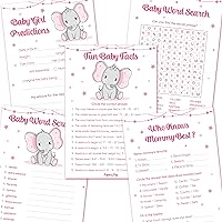 Baby Shower Games for Girl - 5 Activities for 50 Guests - Double Sided Games - Elephant