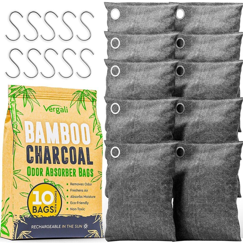 Nature Fresh Bamboo Charcoal Air Purifying Bags 10 x 100g Set with Hooks - Activated Natural Home Odor Absorber, Deodorizer and Moisture Eliminator. Purifier Bag for Closet, Shoe, Car, large Room. Pet Safe