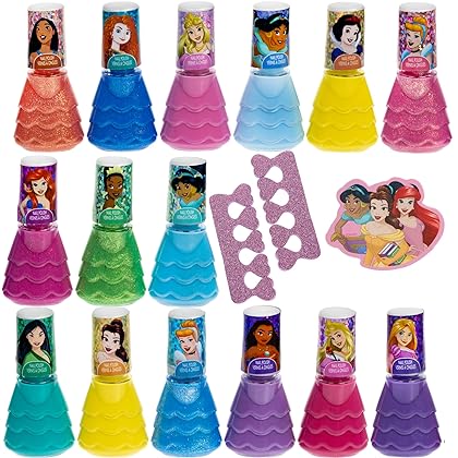 Townley Girl Disney Princess 15 Piece Water-Based Nail Polish with 3 Toe Spacers| Quick Dry| Peel Off| Gift Kit Set for Kids Girls| Ages 3
