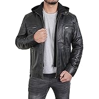 Men's Real Lambskin Leather Moto Jacket With Removable Hood Casual Stylish