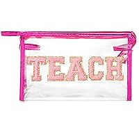 CY2SIDE TEACH Clear Makeup Bag - Pink TEACH Letter Patch Cosmetic Bag with Handle for Travel PVC Zipper Clear Travel Bags for Toiletries Waterproof Portable Travel Organizer Teacher Appreciation Gifts