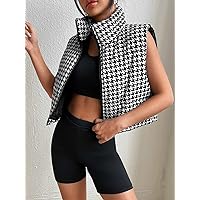 Jacket for Women - Houndstooth Print Zip Up Puffer Vest Coat (Color : Black and White, Size : Large)