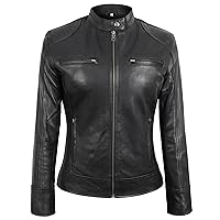 LP-FACON Women Vintage Slim Fit Leather Jacket - Black Cafe Racer Biker Ladies Motorcycle Lambskin Leather Jacket