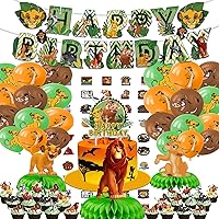 103pcs Lion Birthday Party Supplies, Include Birthday Banner, Cake Topper, Cupcake Toppers, Latex Balloons, Hanging Swirls and Stickers, Party Favors for Boys and Girls
