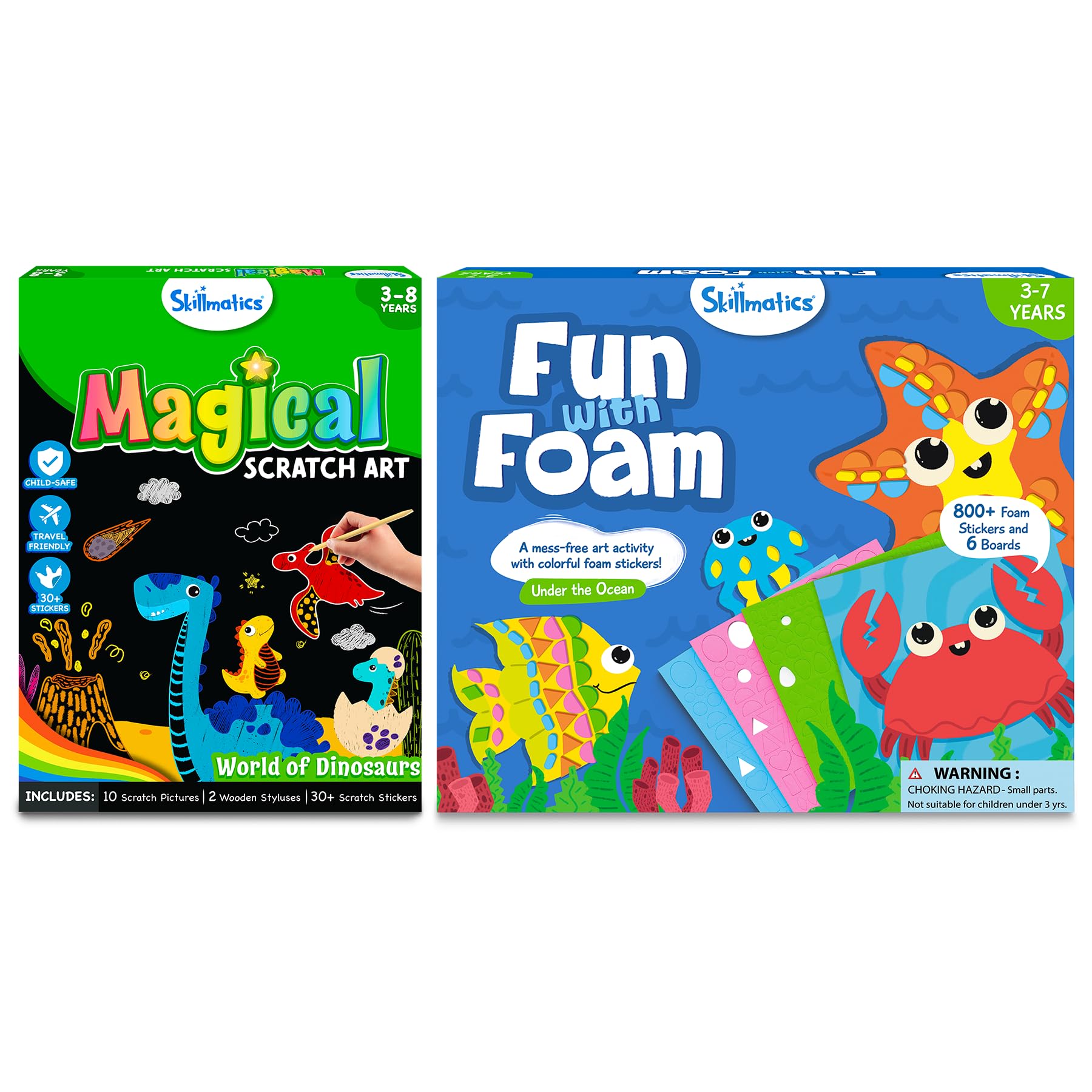 Skillmatics Magical Scratch Art Book Dinosaurs Theme & Fun with Foam with Underwater Animals Theme Bundle, Art & Craft Kits, DIY Activities for Kids