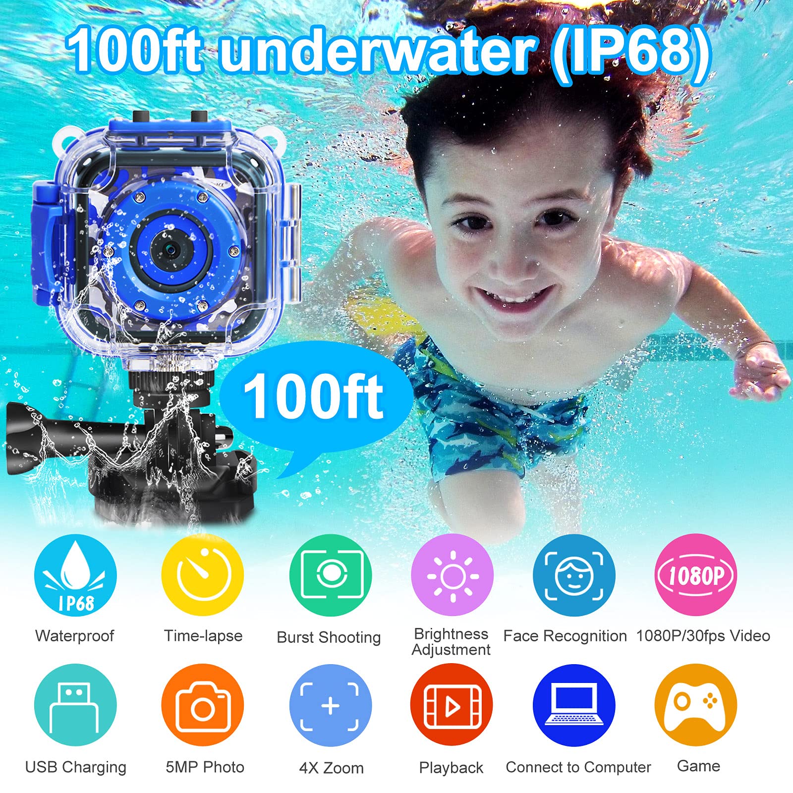 PROGRACE Kids Camera Waterproof Boys - Toy Gifts for Boy Kids Video Camera Underwater Recorder HD Kids Digital Camera Toddler Children Camcorder Age 3 4 5 6 7 8 9 10 Year Old Birthday Presents
