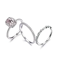 3pcs Morganite Wedding Ring Set,7x9mm Oval Pink Stone,Cushion Halo,14k White Gold,Diamond Band,Art Deco