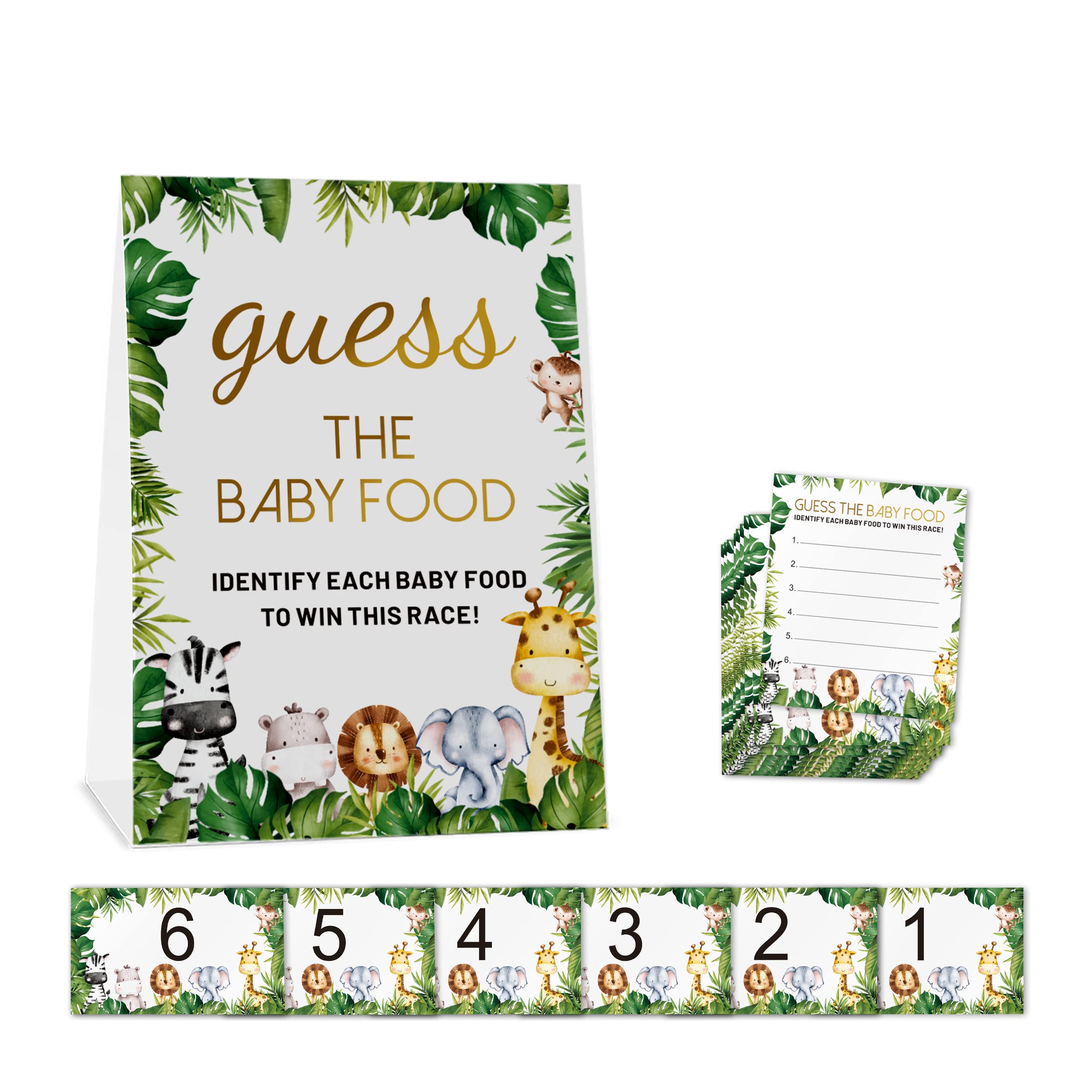 Guess The Baby Food Party Games Sign，Safari Forest Animal Baby Shower Game Set (1 Standing Sign + 20 Answer Cards + 6 Number Cards)，Neutral Baby Bathing Game