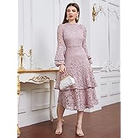 Easter Dress for Women Bell Sleeve Layered Ruffle Hem Guipure Lace Dress (Color : White, Size : M)