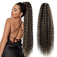 Fashion lcon 30 inch Long Drawstring Ponytail Extensions Highlights Clip in curly Ponytail Hair Extensions Dark Brown Mix Blonde Synthetic Long Drawstring ponytail for Women Blonde(#P4/27)
