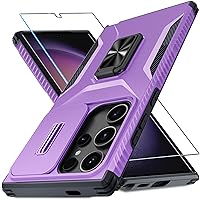 for Samsung Galaxy S24 Ultra Case with Tempered Glass Screen Protector and Camera Lens Cover,Rotated Ring Stable Kickstand,Heavy Duty Shockproof Protective Phone Cover-Purple