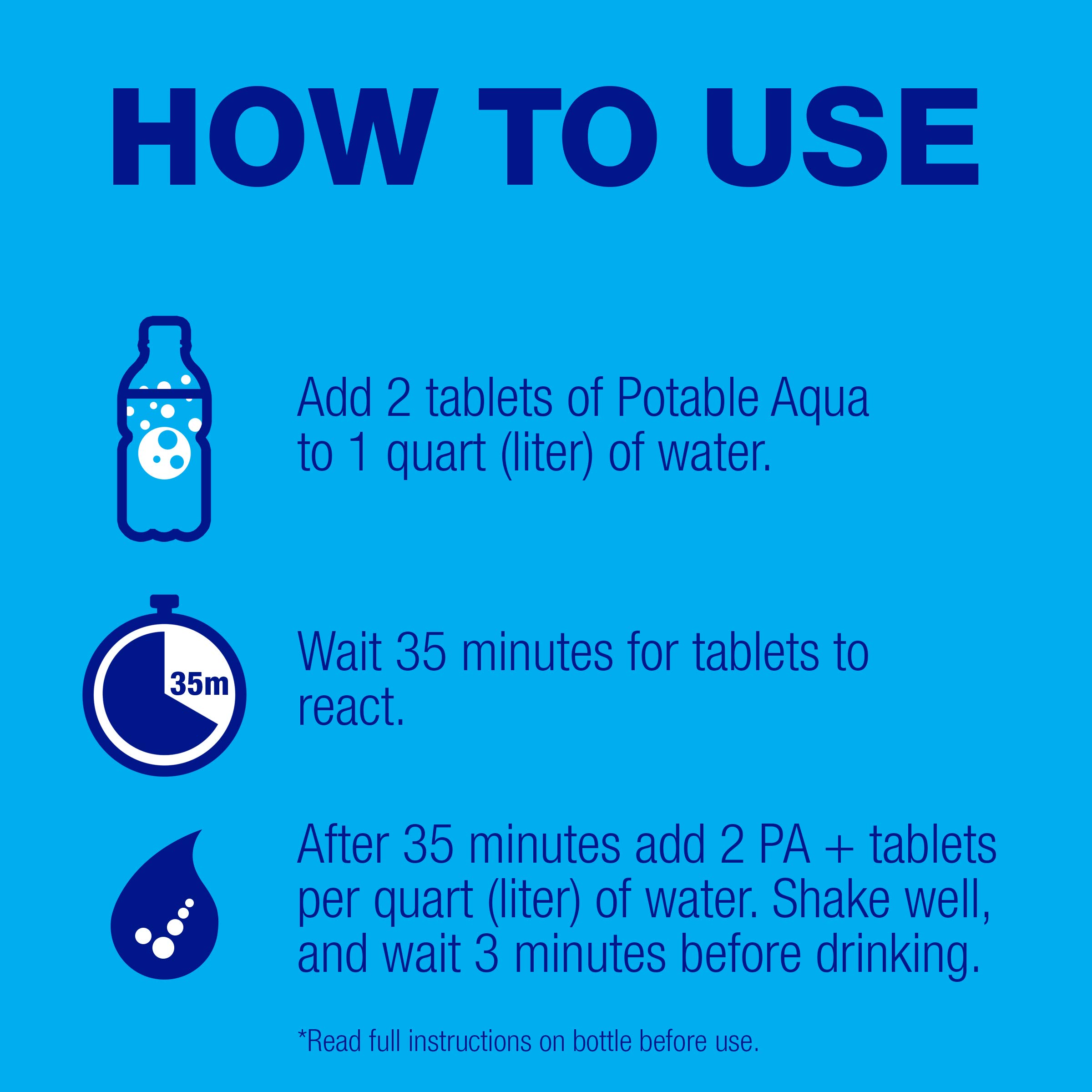 Potable Aqua Water Purification Tablets with PA Plus, Portable and Effective Water Purification Solution for Camping, Hiking, Emergencies, Natural Disasters and International Travel, Two 50ct Bottles