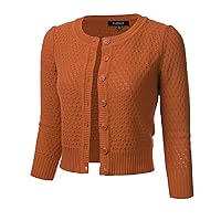 FLORIA Women's Button Down 3/4 Sleeve Crew Neck Cotton Knit Cropped Cardigan Sweater (S-3X)