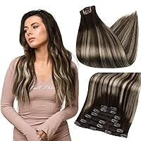 Full Shine Clip in Human Hair Extensions Brown to Dark Brown Highlights Blonde Invisible Clip in Hair Extensions Real Human Hair Soft Straight 2/60/2 Ombre Extensions Clip ins 18 Inch