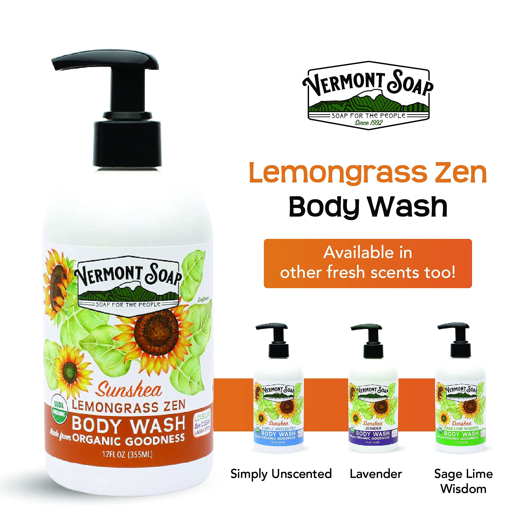 VERMONT SOAP Body Wash, Natural Body Wash with Shea Butter, Mild Gel Body Wash for Moisturizing and Soothing Skin, Fragrance Free Body Wash for Women & Men (Lemongrass Zen, 12oz)