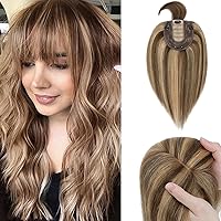 130% Density Human Hair Toppers with Bangs Hand Tied Silk Base Clip In Topper Top Hair Pieces For Women with Thinning Hair/Hair Loss Cover Gray Hair 12Inch 40g-Medium Brown&Dark Blonde
