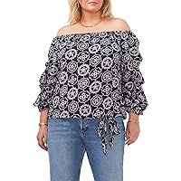 Vince Camuto Womens Navy Tie Ruched 3/4 Bubble Sleeves Printed Off Shoulder Top M