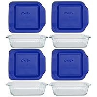 Pyrex (4) 222-SC Sculpted Clear Glass Baking Dishes & (4) 222-PC 2qt Blue Lids Made in the USA