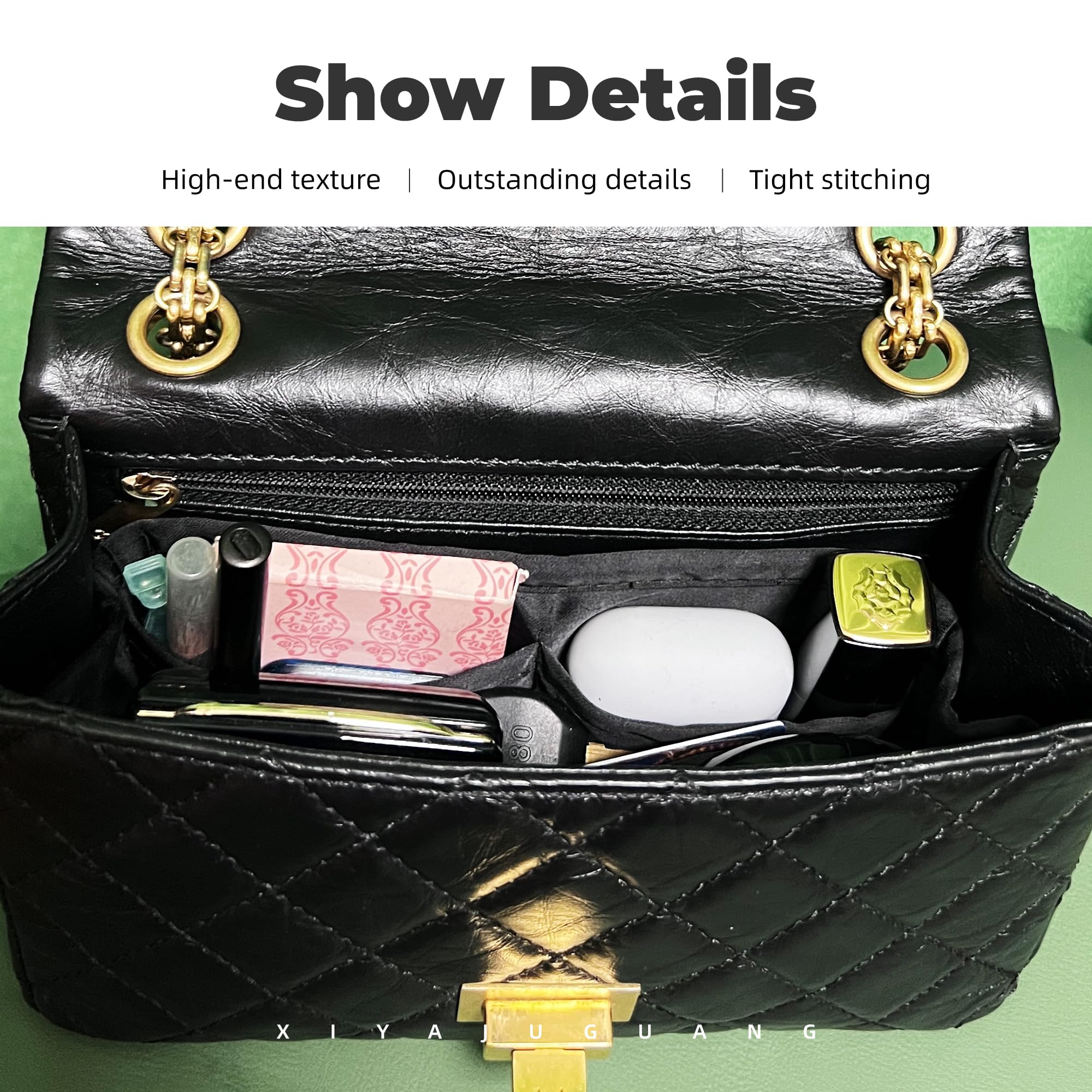 XYJG Purse Handbag Silky Organizer Insert Keep Bag Shape Fits LV Chanel 2.55 22P/22A/23p/Small/Jumbo/Jumbo/Maxi Bags, Luxury Handbag Tote Lightweight Sturdy(2.55 Mini 22P,Black)