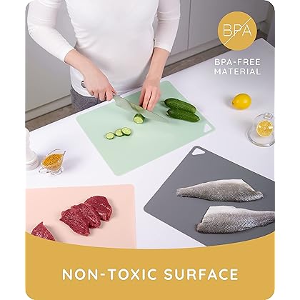 Extra Thin Flexible Cutting Boards for Kitchen - Mats Cooking, Colored Mat Set, Non-Slip Sheets, Plastic Board Set of 3, 15
