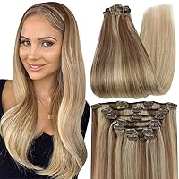 Balayage Clip in Hair Extensions Hair Extensions Clip in Human Hair for Women Double Weft Clip in Extensions 7 Pcs Color 10 Light Brown to 16 Blonde Highlight 20 Inch