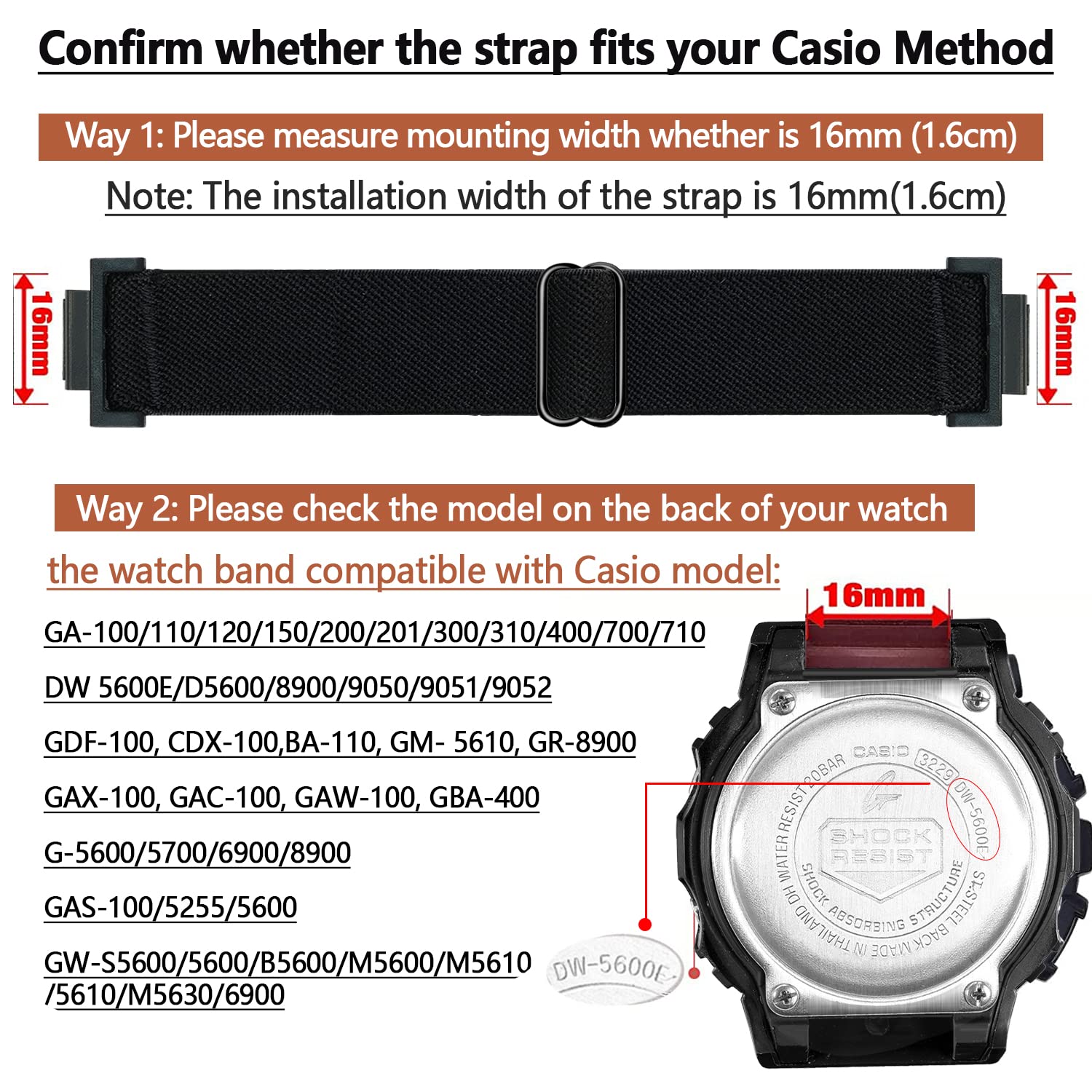 Sunnyson 2 Stück dehnbare Nylon-Uhrenarmbänder, kompatibel mit Casio G-Shock DW-5600/8900/GWM5610, elastische, weiche, verstellbare Ersatzbänder für Casio Watch
