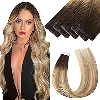 Moresoo Injection Tape in Hair Extensions 14Inch Virgin Human Hair Tape in Extensions Color 3 Brown Fading to 8 Ash Brown And 22 Blonde Invisible Seamless Tape in Human Hair Extensions 10 Gram 5 Pcs