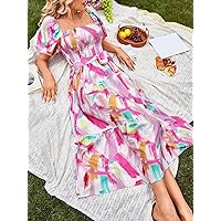 Dresses for Women Brush Print Square Neck Shirred Puff Sleeve Ruffle Hem Dress (Color : Multicolor, Size : Small)