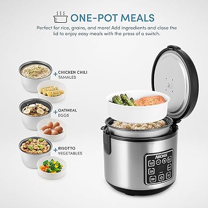 AROMA Digital Rice Cooker, 4-Cup (Uncooked) / 8-Cup (Cooked), Steamer, Grain Cooker, Multicooker, 2 Qt, Stainless Steel Exterior, ARC-914SBD