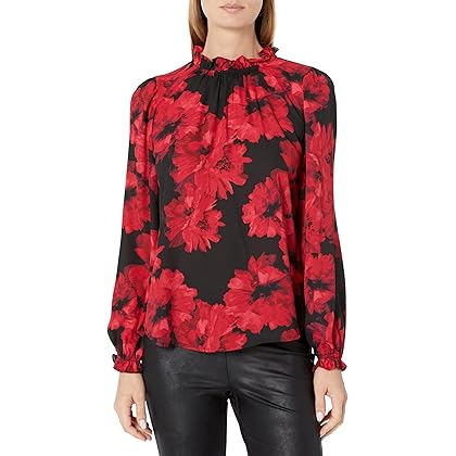 Anne Klein Women's Floral Printed Ruffle Neck Blouse with Keyhole Back