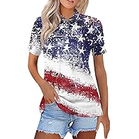 Women's Tops American Flag 4Th of July 2024 Cute Star Stripes Button Down Lapel Neck Short Sleeve Polo Tshirt Clothing
