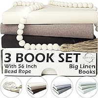 Linen Decorative Books for Home Decor - Designer Boho Decor Books for Coffee Table, Bookshelf, Mantle Decoration - Aesthetic Faux Console Table Books with 56in. Farmhouse Wood Bead Garland - Set of 3