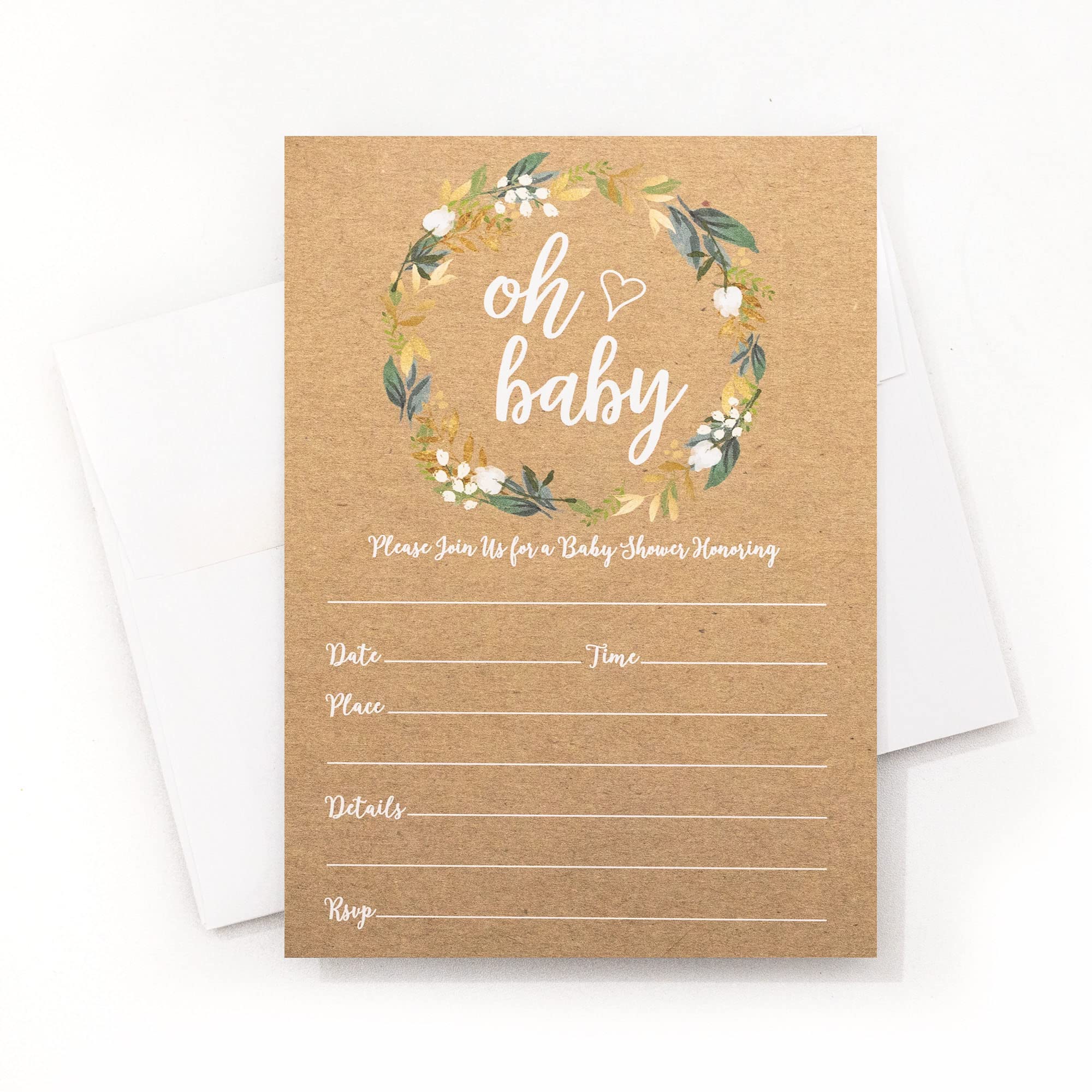 All Ewired Up 50 Oh Baby Kraft Greenery Invitations (Large Size 5x7) - Baby Shower Invitations (50 count)