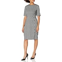 London Times Women's Short Sleeve Knee Length Crew Neck Button Side Career Polished Sheath Dress